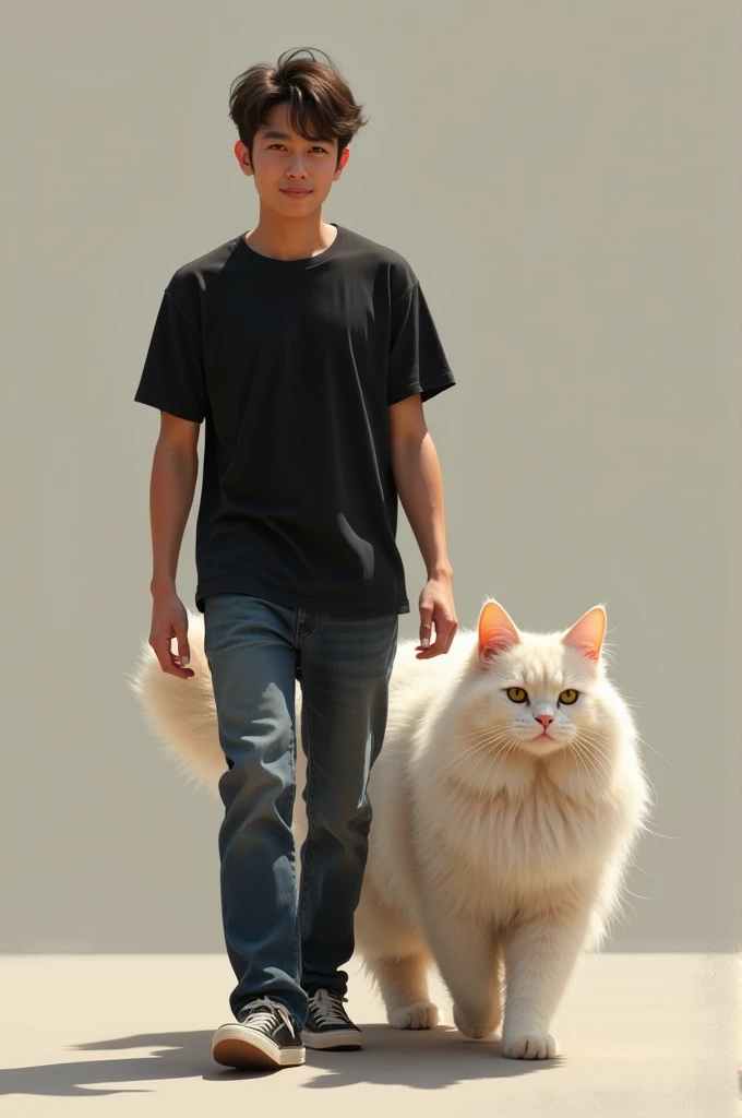 A young 24-year-old man dressed casually in black and a giant big angora cat walks towards the front