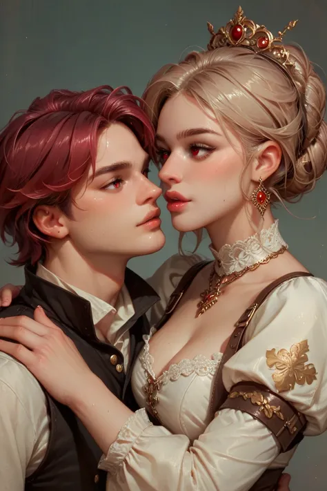 European medieval background, A commoner boy with light brown hair and red eyes and a wealthy aristocrat girl with maroon hair and black eyes. They're both in their late s. They're facing each other.