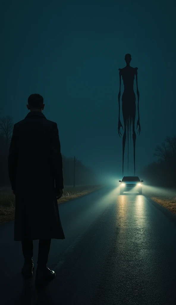 A Man Driving A Car At Dark Night, On Dark Alone Road, A Very Very Skinny Tall Man In Coat Coming Infront Of The Car , Portrait Size Image