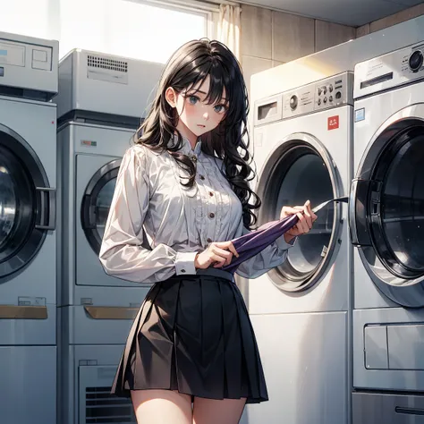 young lady transparent blouse short skirt,white overknee boots tall long black curly hair ironing the laundry on an ironing board