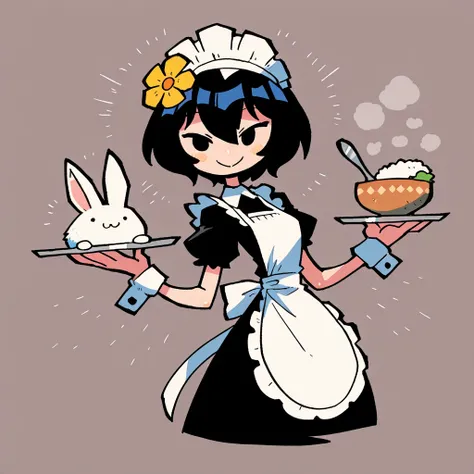 1girl, A skinny female white rabbit, wearing a maid costume, holding a tray with both hands, A Soup and a spoon on the tray, flower ornament on her head, smiling, whole body, artist:rariatto \(ganguri\), very awa, masterpiece, best quality, newest, highres...