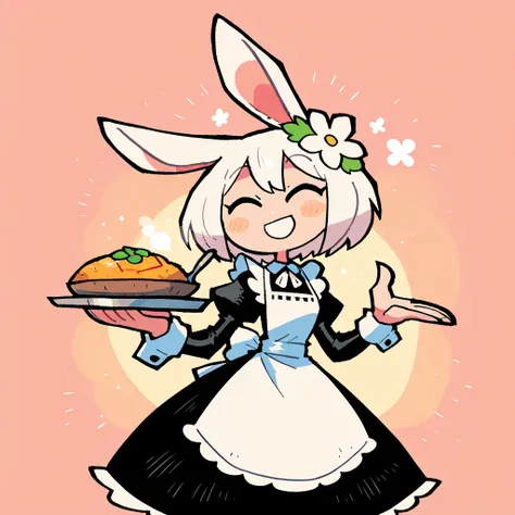 1girl, A skinny female white rabbit, wearing a maid costume, holding a tray with both hands, A Soup and a spoon on the tray, flower ornament on her head, smiling, whole body, artist:rariatto \(ganguri\), very awa, masterpiece, best quality, newest, highres...