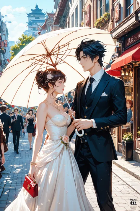 Animated images of a couple walking down the street with umbrellas, Photos inspired by Masanobu Okumura, Trending on Pixiv,  Neo Romanticism  ,   Epic Light Novel Art Cover , Elegant anime key visuals, epic Light novel cover art, Light novel cover art,   D...