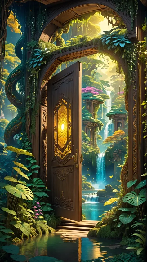 mysterious wooden door with intricate carvings stands in the middle of an ancient forest, glowing faintly with a golden aura. The door slowly creaks open, revealing a magical, otherworldly landscape filled with floating islands, waterfalls cascading into t...