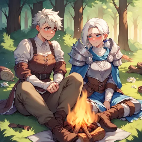 an athletic tomboy with white hair and ivory eyes. she is wearing medieval pants and chainmail armor piece. she looks embarrassed and is blushing while sitting next to a campfire in the forest.