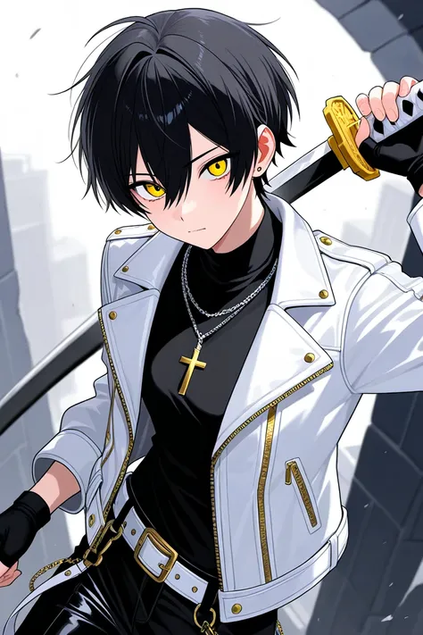 Create a girl with white leather jacket black pants with chains cross necklace black hair yellow eyes with a sword