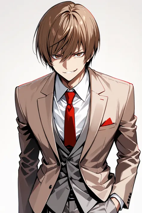  masterpiece, best quality, 8k, high resolution, 1boy, male, Light Yagami Death Note, light-brown hair, brown eyes, tan suit, white collared shirt, red tie, grey dress pants, smirk, ultra-detailed, intricate details 