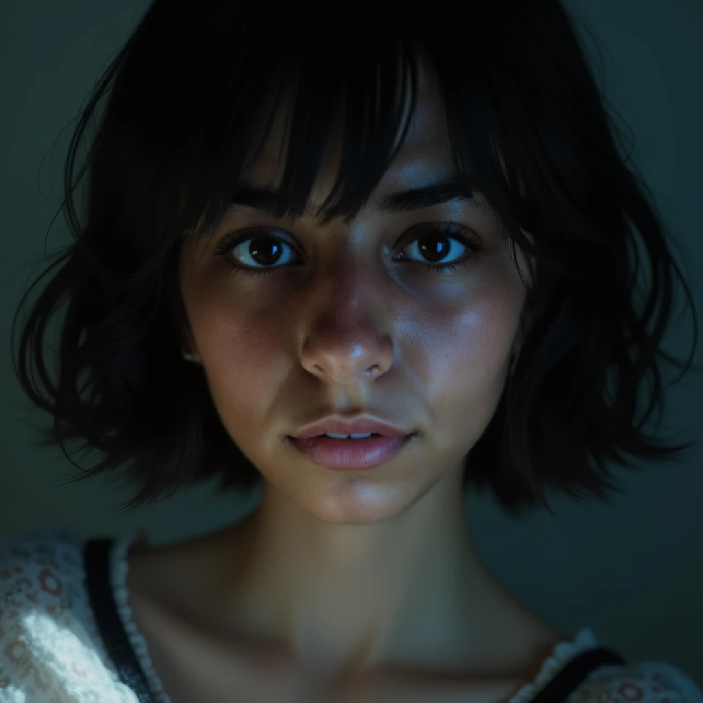 A photorealistic portrait of a cute teenager girl looking directly at the camera, (with highly detailed and realistic facial features including rose-tinted glossy lips), (baby blue eyes), and silver cat-eye style eyeliner, short dark hair, ultra-detailed, ...