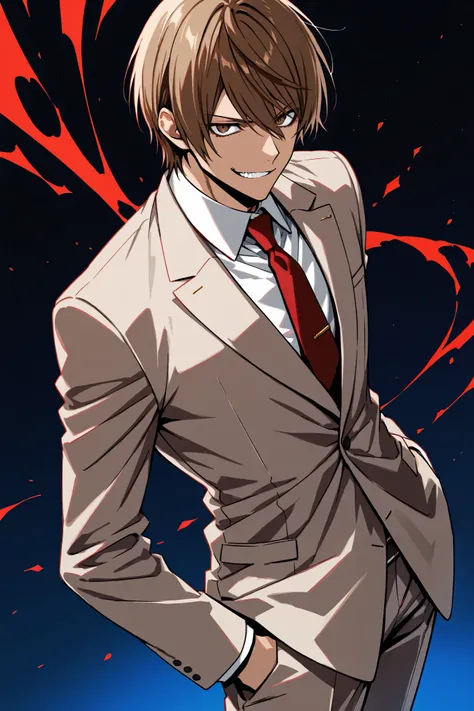  masterpiece, best quality, 8k, high resolution, 1boy, male, Light Yagami Death Note, light-brown hair, brown eyes, tan suit, white collared shirt, red tie, grey dress pants, smirk, ultra-detailed, intricate details 