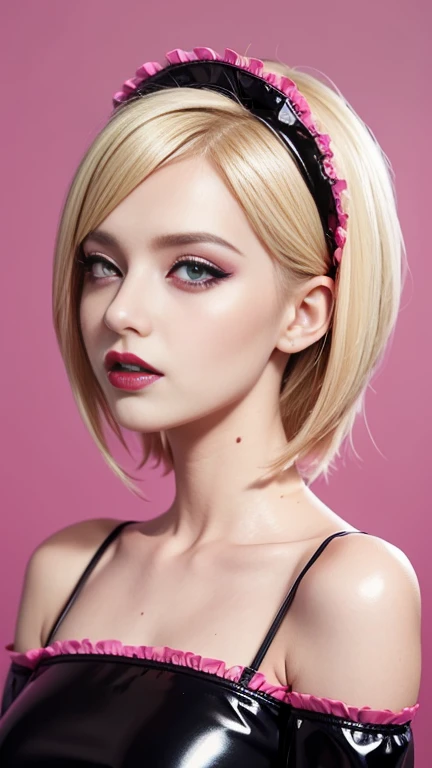 Blonde woman, black lipstick, bright pink eyes, low cut latex French style maid, medium long shot, deep pink backdrop