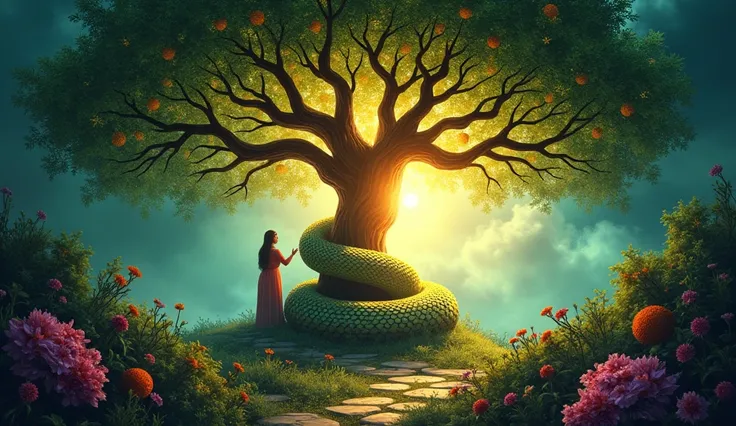 Create a vibrant, eye-catching thumbnail featuring a lush Garden of Eden with a glowing Tree of Knowledge at the center, a coiled serpent with shimmering scales around the tree, and silhouettes of Adam and Eve reaching for a mysterious, radiant fruit, all ...