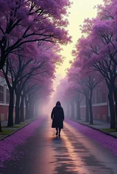 An image where you see a person walking forward and moving away from a box that says past and is in the city of Quito and it's early in the morning the street is not so rustic but rather calm with purple trees but other normal trees 