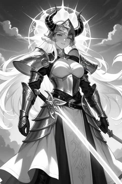 Extreme horned helmet closeup in nistyle, Bright Monochrome Manga Sketch, glowing heavenly cloudscape, extreme closeup, a translucent evil knight with an intricate designed armor of prismatic glass infront the sky. Luminous radiate divine confidence. Ether...