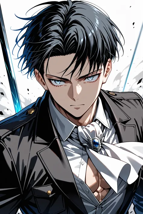  masterpiece, best quality, 8k, high resolution, 1boy, male, Levi Ackerman Attack on Titan, short black hair, blue-gray eyes, sultry stare, black uniform, white ascot, light gray un-buttoned shirt.  dynamic sexy pose, lean muscular body, ultra-detailed, in...