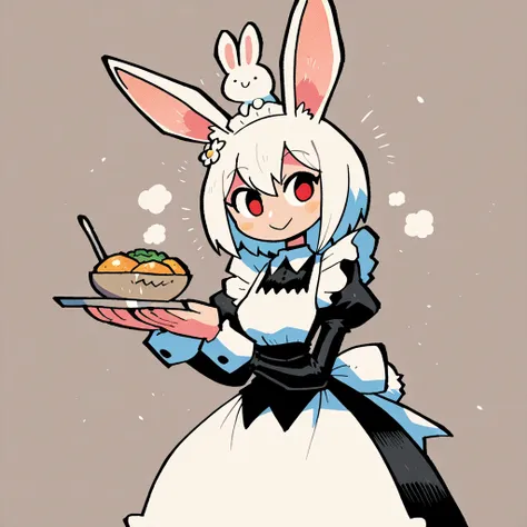 A skinny female white rabbit, wearing a maid costume, holding a tray with both hands, A Soup and a spoon on the tray, flower ornament on her head, smiling, whole body, artist:04sora40, artist:rariatto \(ganguri\), very awa, masterpiece, best quality, newes...