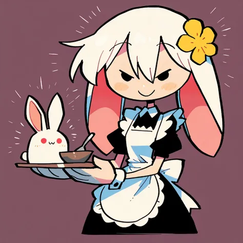 A skinny female white rabbit, wearing a maid costume, holding a tray with both hands, A Soup and a spoon on the tray, flower ornament on her head, smiling, whole body, artist:04sora40, artist:rariatto \(ganguri\), very awa, masterpiece, best quality, newes...