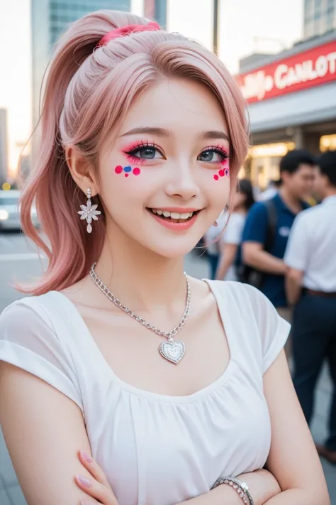 8k, Genuine, Genuineistic ,  Super Intensity  ,  Japanese , cute girl, cute idol ,Heavy makeup,  cute face,  Gentle Smile  ,shy,  open mouth ,  Ponytail with white pink hair , feminine look ,new york, Natural daylight  ,Natural daylight  ,  Arms crossed , ...