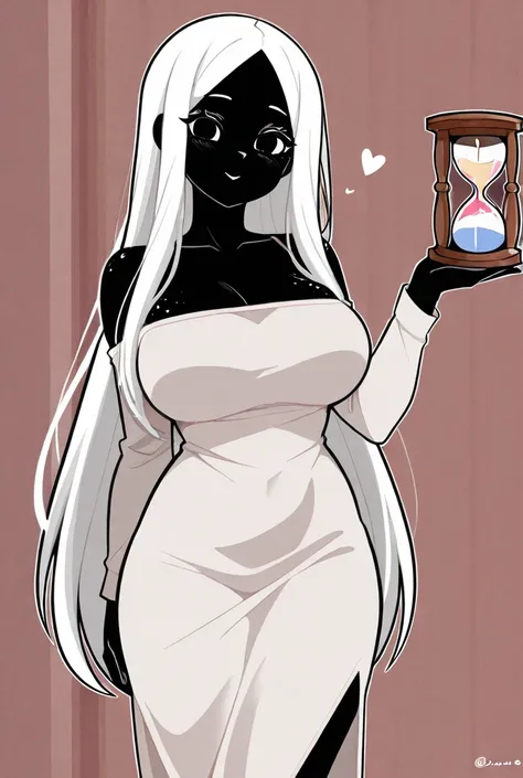 Draw a woman with white hair, black eyes, heart-shaped face, beautiful appearance, black skin, hourglass doll, large breasts, big breasts. The highlight of the picture is wearing a white shirt dress, with concave spots, knee-length, drawing anime 