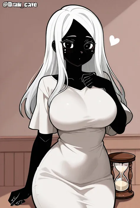 Draw a woman with white hair, black eyes, heart-shaped face, beautiful appearance, black skin, hourglass doll, large breasts, big breasts. The highlight of the picture is wearing a white shirt dress, with concave spots, knee-length, drawing anime 