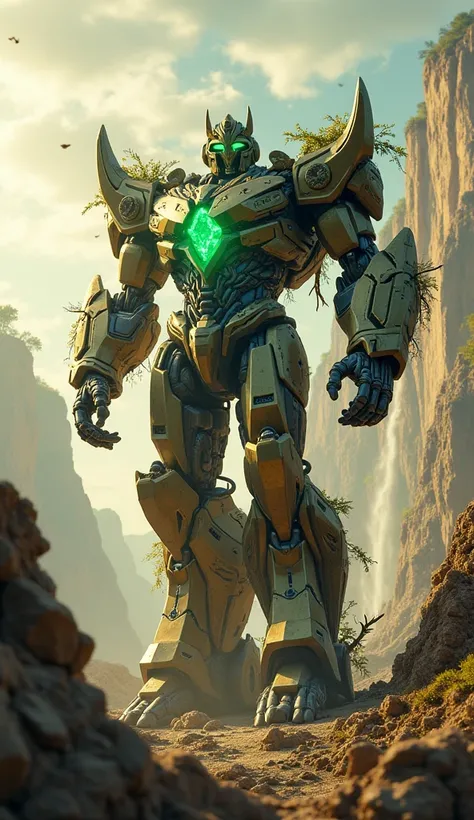 "Create a hyper-realistic, cinematic depiction of a hybrid creature that is a biological and mechanical fusion of Optimus Prime and Earth Power. The creature stands in a commanding pose on a rugged plateau surrounded by crumbling rocks, deep fissures in th...