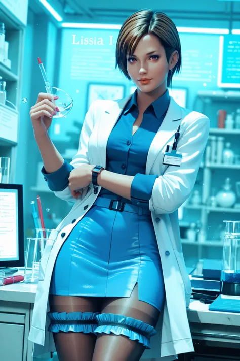 lisa, lab, lab coat, skirt, pantyhose, thigh garter, score_9, score_8_up, score_7_up, zPDXL3