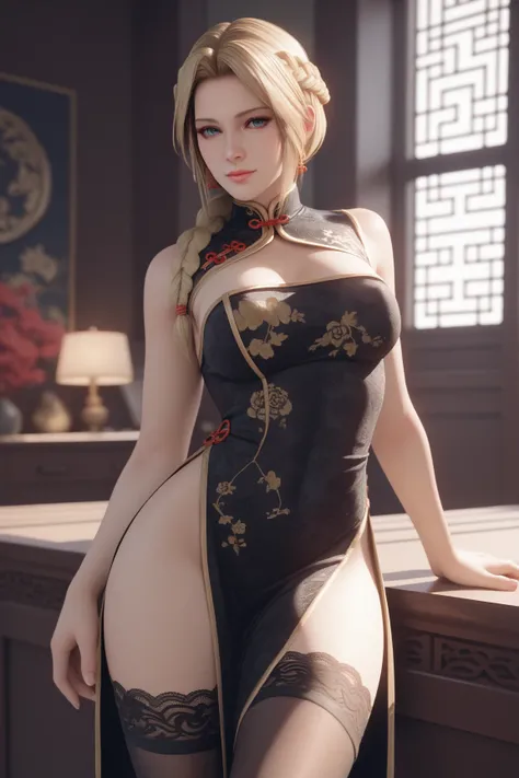 helena, black qipao, lace, thighhighs, score_9, score_8_up, score_7_up, zPDXL3