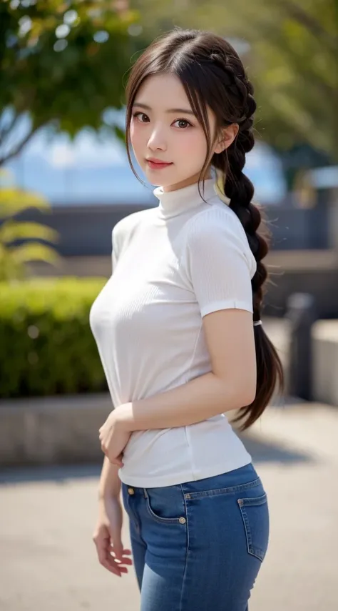      beautiful girl,     Very beautiful and detailed face  ,     laugh shyly, Deep Valley), (    is so big in the clouds that she was raped by hand  、"white and black border   "High neck ribbed knit T-shirt.   jeans、Sideways to the viewer、   She's showing ...