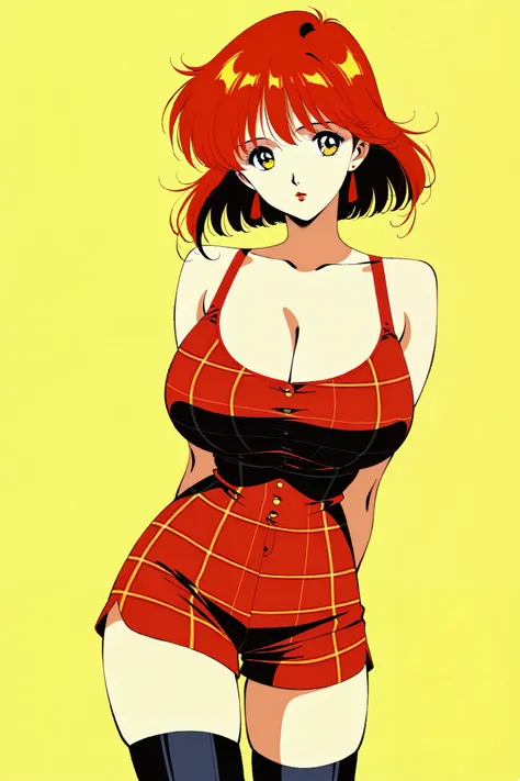 best quality, illustrator anime, style retro classic, master piece:1.5、(minimal art, line drawing), woman、Black and yellow art:1.2、Black and yellow world、silence、An ennui look、Densely drawn, red plaid tank top, huge breasts, solid background, thigh highs, ...