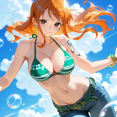 Quality: ((best quality illustration)), (masterpiece), ((detailed)).
nami \(one piece\), 1girl, bangle, bangs, bare shoulders, belt, bikini, bikini top only, bracelet, breasts, brown eyes, bubble, cleavage, denim, earrings, floating hair, green belt, green...