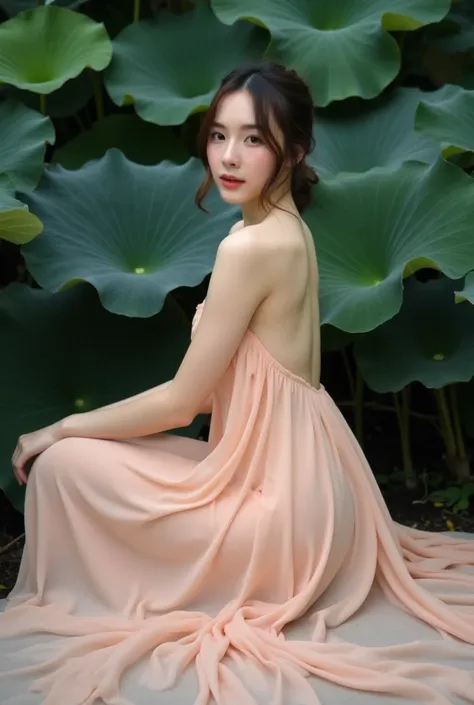 Woman in flowing, pale pink chiffon gown, seated amidst dark green lotus leaves.  Elegant, 20-something woman with a serene expression, medium-brown hair styled in a loose bun, and a light complexion.  Subject's pose is seated with back to the camera, back...