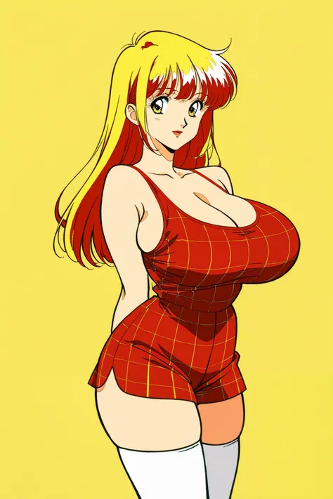 best quality, illustrator anime, style retro classic, master piece:1.5、(minimal art, line drawing), woman、Black and yellow art:1.2、Black and yellow world、silence、An ennui look、Densely drawn, red plaid tank top, huge breasts, solid background, thigh highs, ...