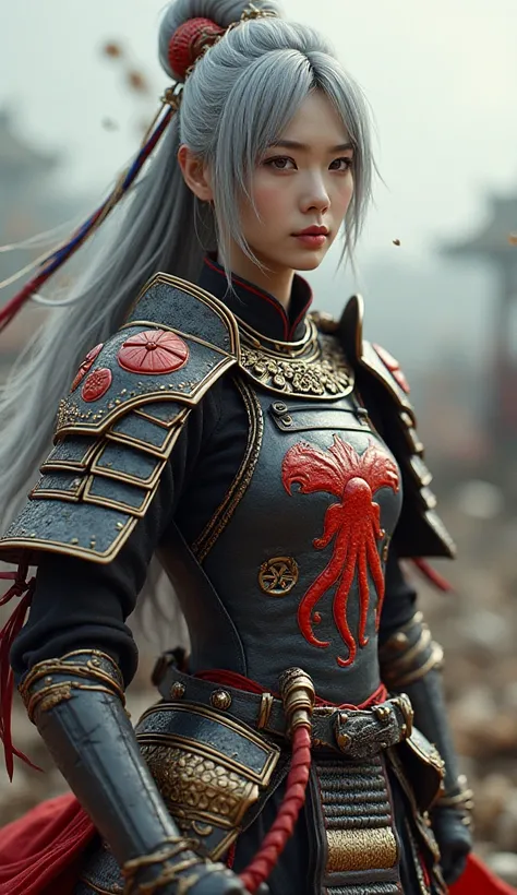  Genuine 、3D Art、  beautiful woman、Takoyaki and people are fused 、 Japanese Armor  、 and have an 8-prong whip、battlefield、 realistic、Grey Hair,  A red octopus is designed on the armor