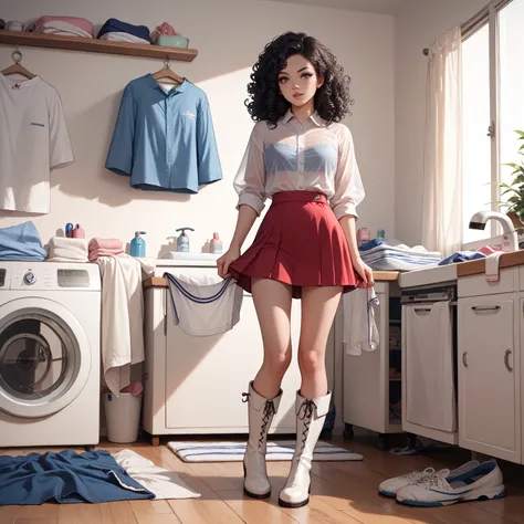 young lady transparent blouse short skirt,white overknee boots tall long black curly hair ironing the laundry on an ironing board