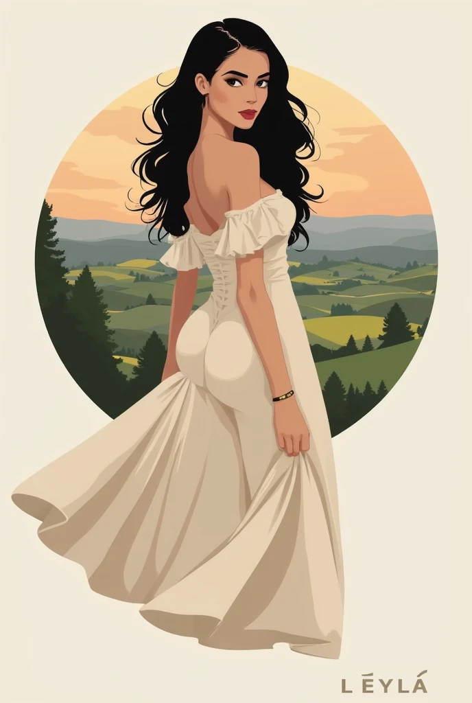 Create a logo for a cafe called leyla. that shows a beautiful sexy attractive turkish woman wearing a dress with a light countryside background 