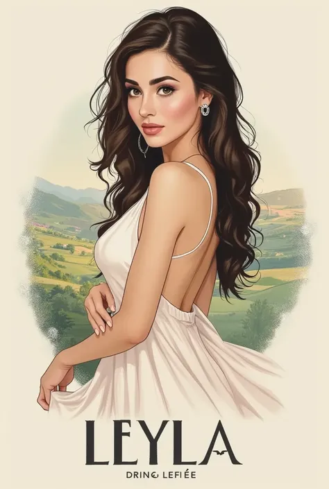 Create a logo for a cafe called leyla. that shows a beautiful sexy attractive turkish woman wearing a dress with a light countryside background 