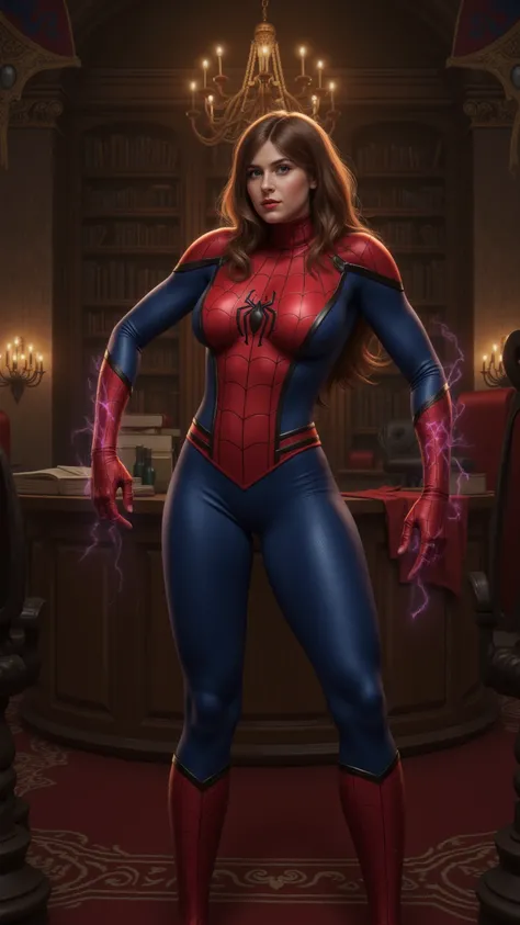 Spider-girl cosplay standing in medieval office 