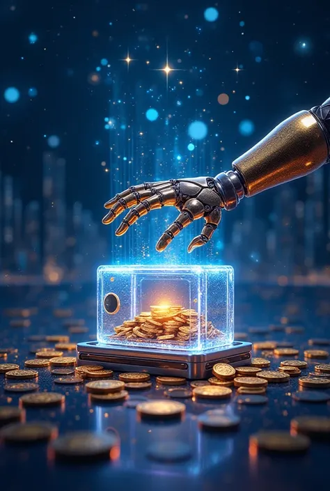  An immersive technological scene of a digital galaxy ,  where constellations formed by cryptocurrency coins float in a starry sky .  at the city centre, a futuristic computer with a holographic interface projecting upward graphics and financial data in mo...