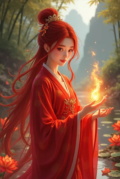 Manga illustration, young Chinese princess, Vermilion Bird Clan, Crimson Bloom Apothecary sect disciple, passionate, charismatic, optimistic, creative, deep red Daoist robes, long blood-red hair, lively scarlet phoenix eyes, creating ruby-red flames with h...