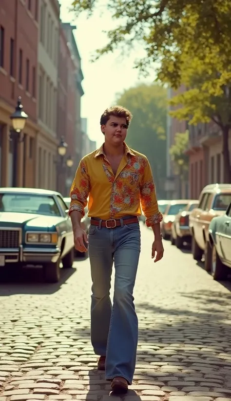 "A man in vintage 1970s clothing, clearly visible with his face, walking along a cobblestone street. Classic 70s cars are parked in the background, and old brick buildings line the street. The man is wearing bell-bottom jeans, a brightly colored shirt, and...