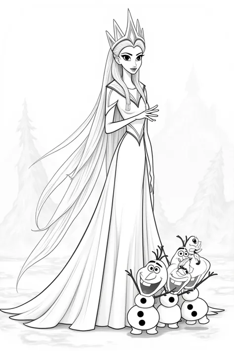  A black and white coloring drawing of the Snow Queen, with Anna and Olaf . Accompagné de plusieurs bébés Olaf