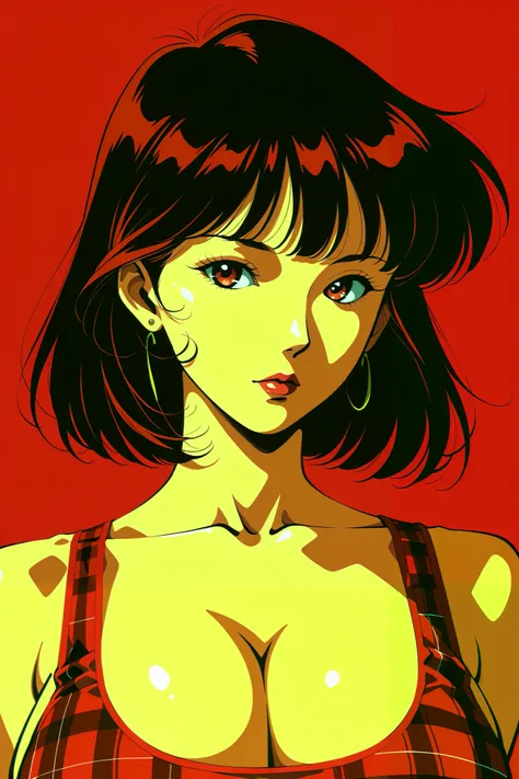 best quality, illustrator anime, style retro classic, master piece:1.5、(minimal art, line drawing), woman、Black and red art:1.2、lips are red、Black and red world、silence、An ennui look、Densely drawn, red plaid tank top, huge breasts, portrait, 










