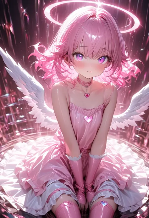 various iridescent pink color effects. 
pretty angel, fluffy loose curls shining glossy silky pink hair, captivating eyes, heterochromia, pretty cute expression. 
thin flat slender body line, wearing bondage-like style, pink loose knit camisole, pink ruffl...