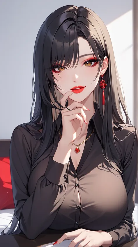 Highest quality　masterpiece　High resolution　masterpiece, black long hair, thick and beautiful hair, middle parted hair 　black Eyes, seductive lips, teasing evil smile, licking, dong hua make up, make up, very beautiful , hand on lips,sit,, enhanced lips, e...