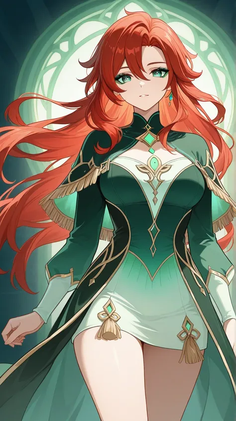 She wears light green eyeshadow, a Woman , hourglass body ,  long hair,  red hair, fringe ,  blue and green eyes,  two different eye colors ,  one person only, healer hero costume dress, genshin impact style