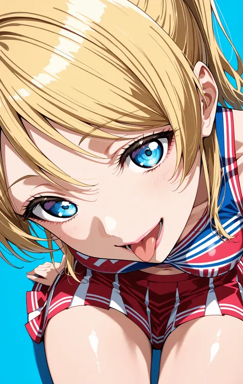 masterpiece,  best quality,  Great Quality ,  Very Aesthetic,   ridiculous , up to date, scenery, high definition , high resolution, close-up portrait with legs closed to hide crotch,woman,woman,Eli Ayase, Love Live,blonde hair, long hair,  blue eyes,ponyt...