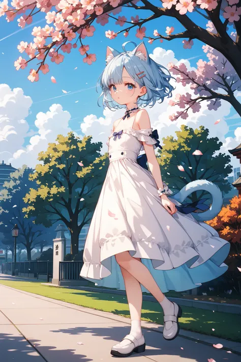 4k anime style, Smooth anime CG, 8k anime, Best quality, High resolution,Superdetail,Perfect light,Young Anime,high 150 cm,She has short Hair,cropped,Off the shoulder,light blue hair,  hair clip,Beautiful light blue eyes,small chest,light blue Cat ears,lig...