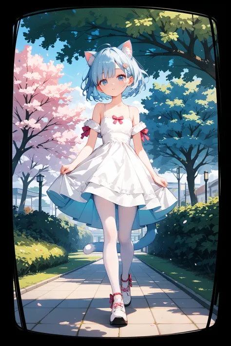 4k anime style, Smooth anime CG, 8k anime, Best quality, High resolution,Superdetail,Perfect light,Young Anime,high 150 cm,She has short Hair,cropped,Off the shoulder,light blue hair,  hair clip,Beautiful light blue eyes,small chest,light blue Cat ears,lig...