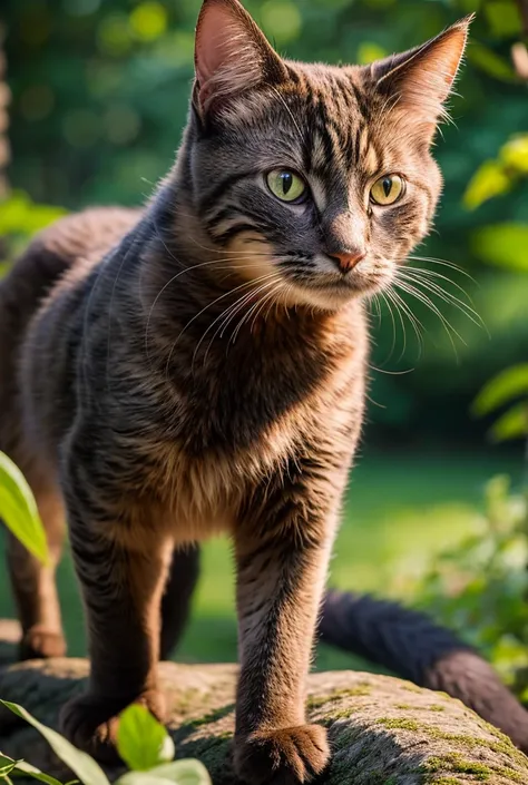 A curious and playful black cat, beautiful detailed eyes, beautiful detailed lips, extremely detailed eyes and face, long eyelashes, adventurous feline companion, exploring lush greenery, sun-dappled forest, serene natural setting, vibrant colors, intricat...