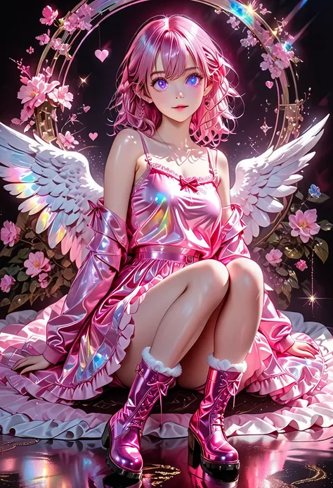 various iridescent pink color effects. 
pretty angel, fluffy loose curls shining glossy silky pink hair, captivating eyes, heterochromia, pretty cute expression. 
thin flat slender body line, wearing bondage-like style, pink loose knit camisole, pink ruffl...