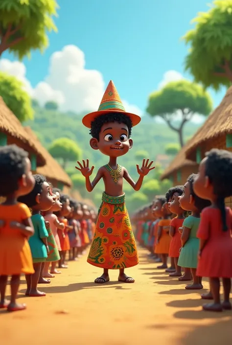 Généré moi une image africain 3D cartoon anime d'un magicien dans un village et les paysans sont en rangs en face de lui